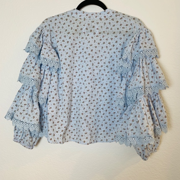 Rochelle Behrens The Shirt Blue Ditsy Floral Small Tiered Sleeve Boho Prairie - Picture 12 of 15